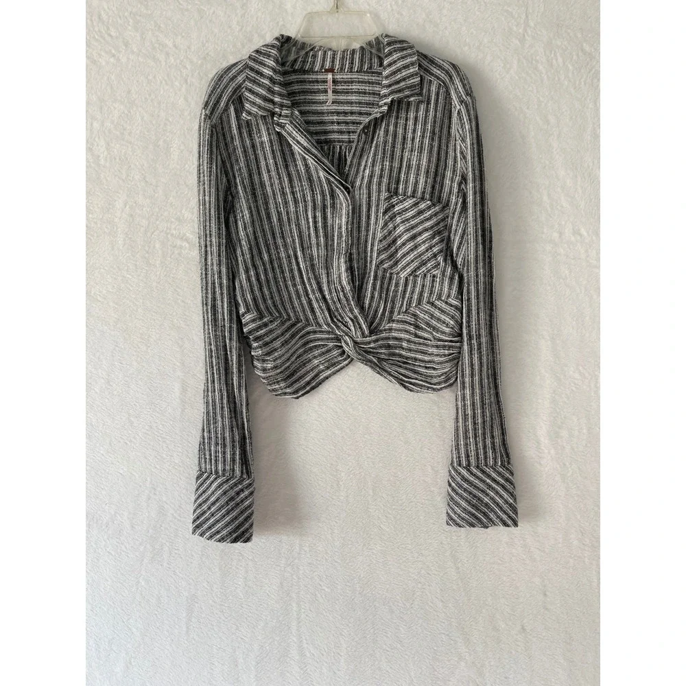Free People Lust For Life Woman's Med Striped Twist Front Cropped Blouse Top